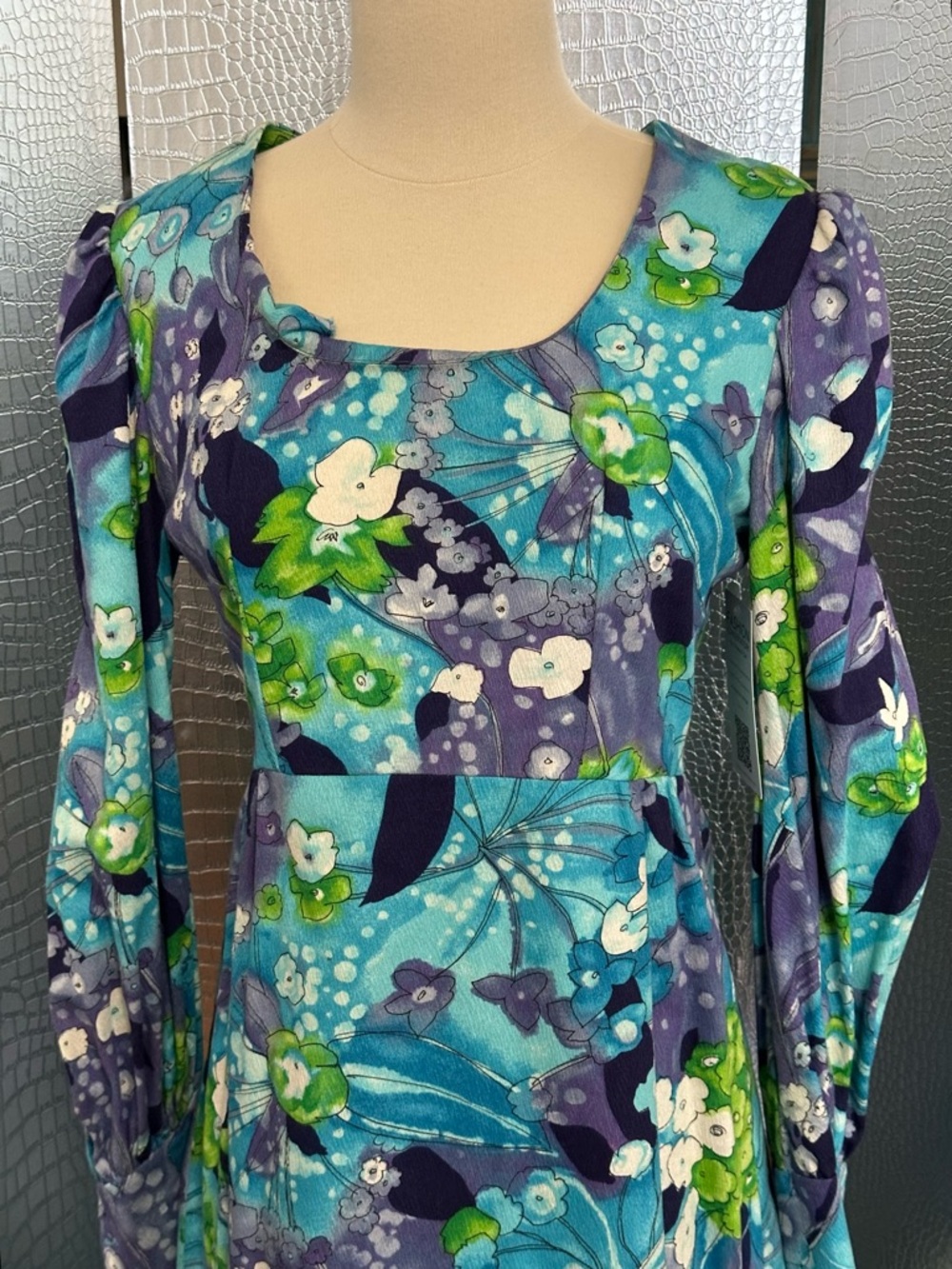Vintage Long Sleeve Floral Maxi Dress in Teal, Purple & Lime - Picture 2 of 10